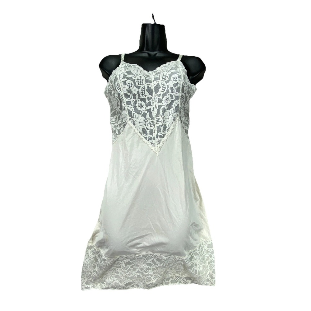 Vintage Full Slip Nightgown Dress 2XS White Fairy Floral Sheer Lace Trim Nightie